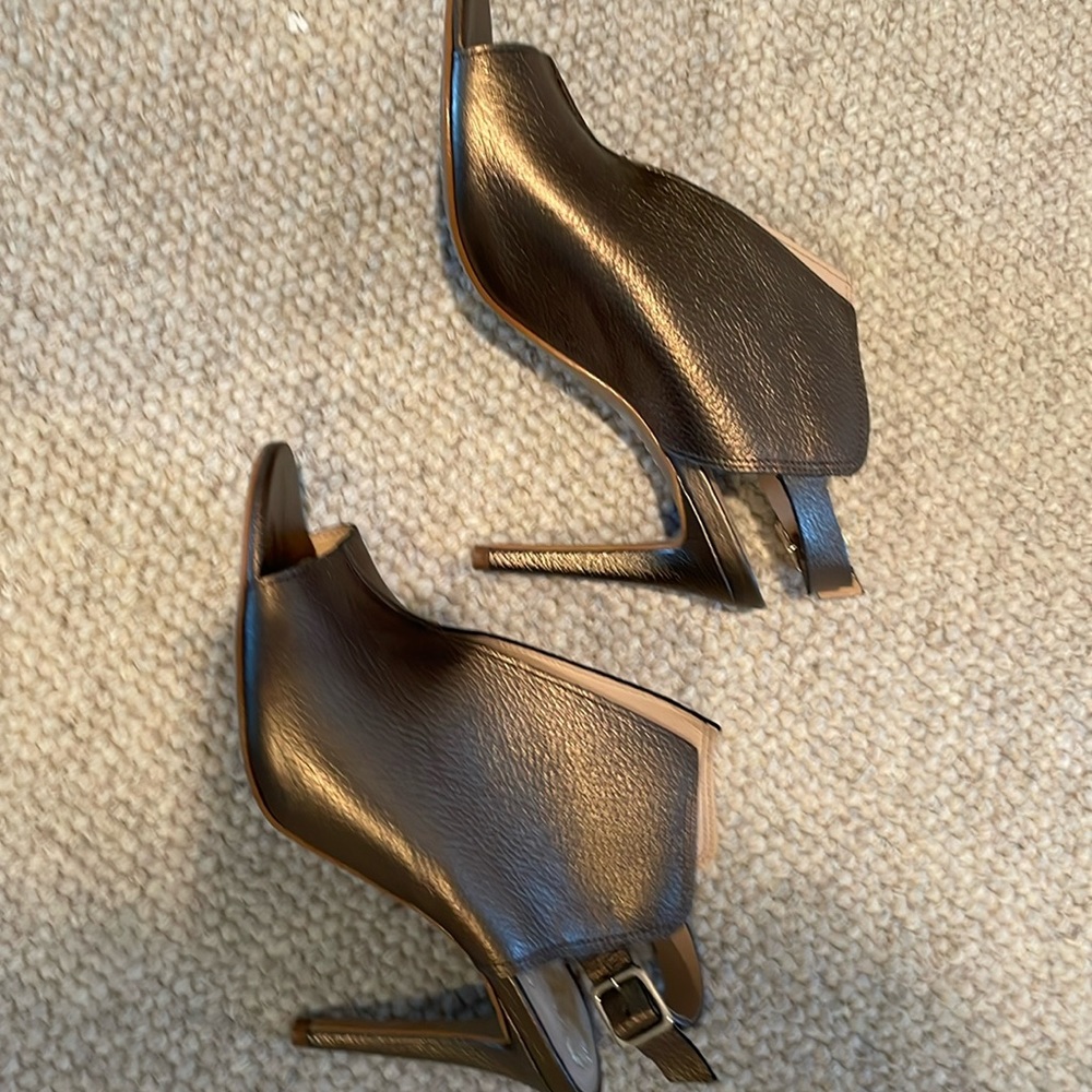 Bronze strappy heels with ankle strap and front slits